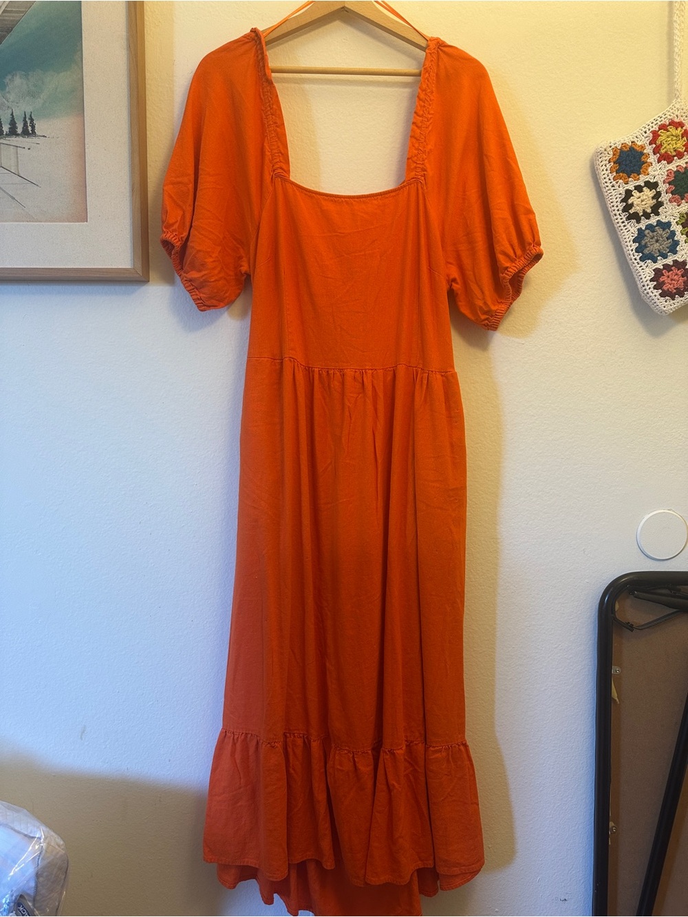 Who What Wear Orange Puff-Sleeve Square-Neck Midi Dress - Picture 2 of 5